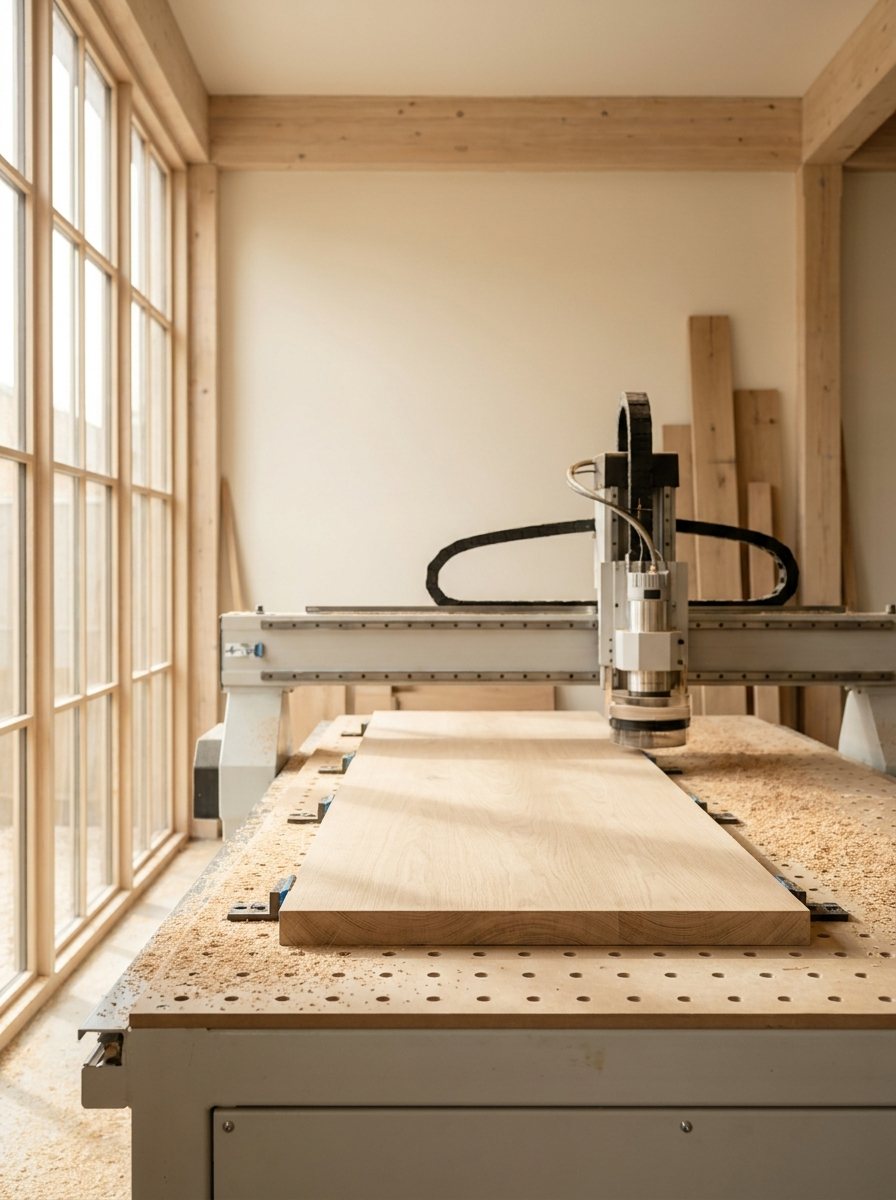 CNC-Bearbeitungszentrum fräst eine Eichenplatte in der Werkstatt